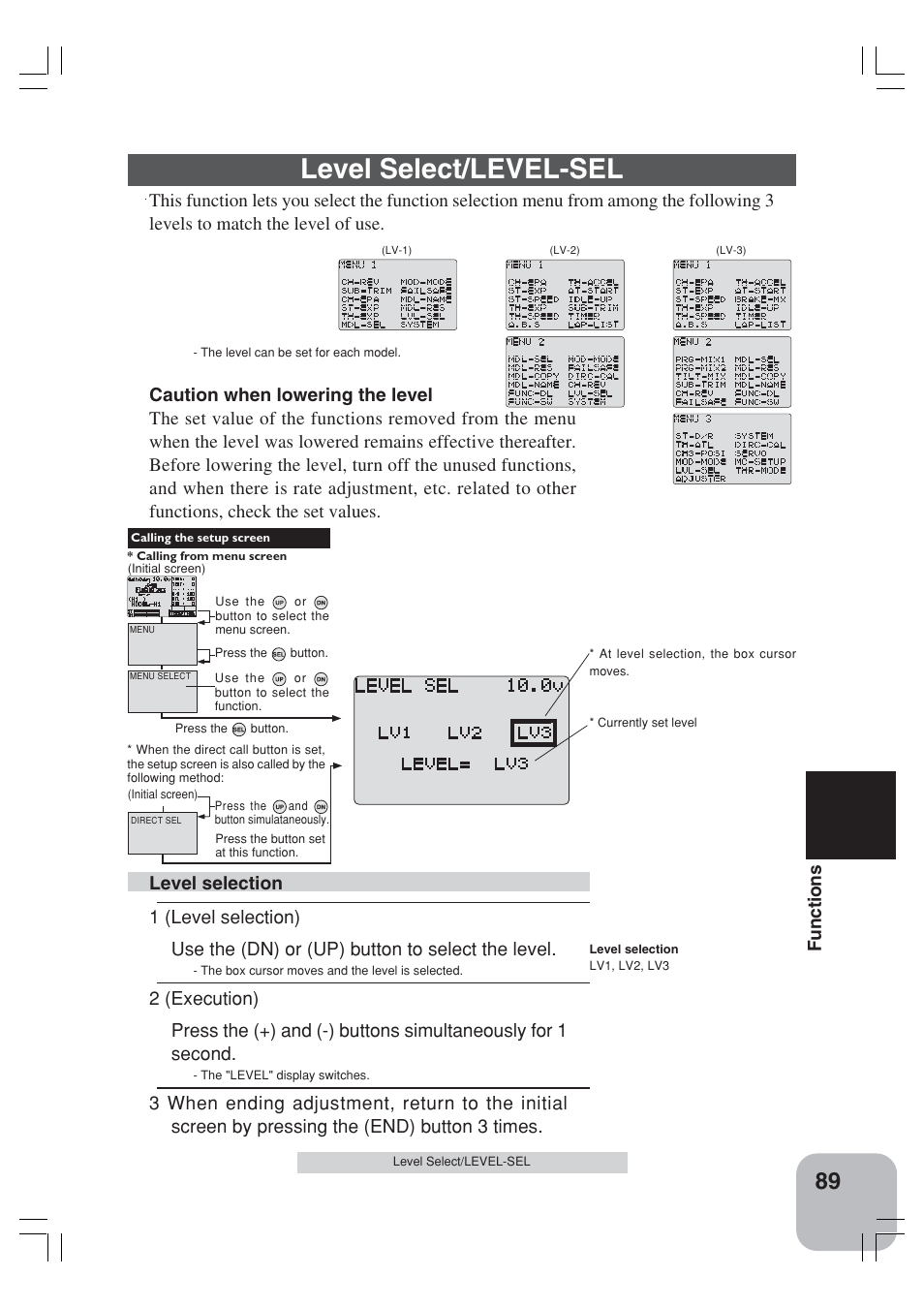 Level select/level-sel, Functions | Futaba 3VCS User Manual | Page 88 / 112