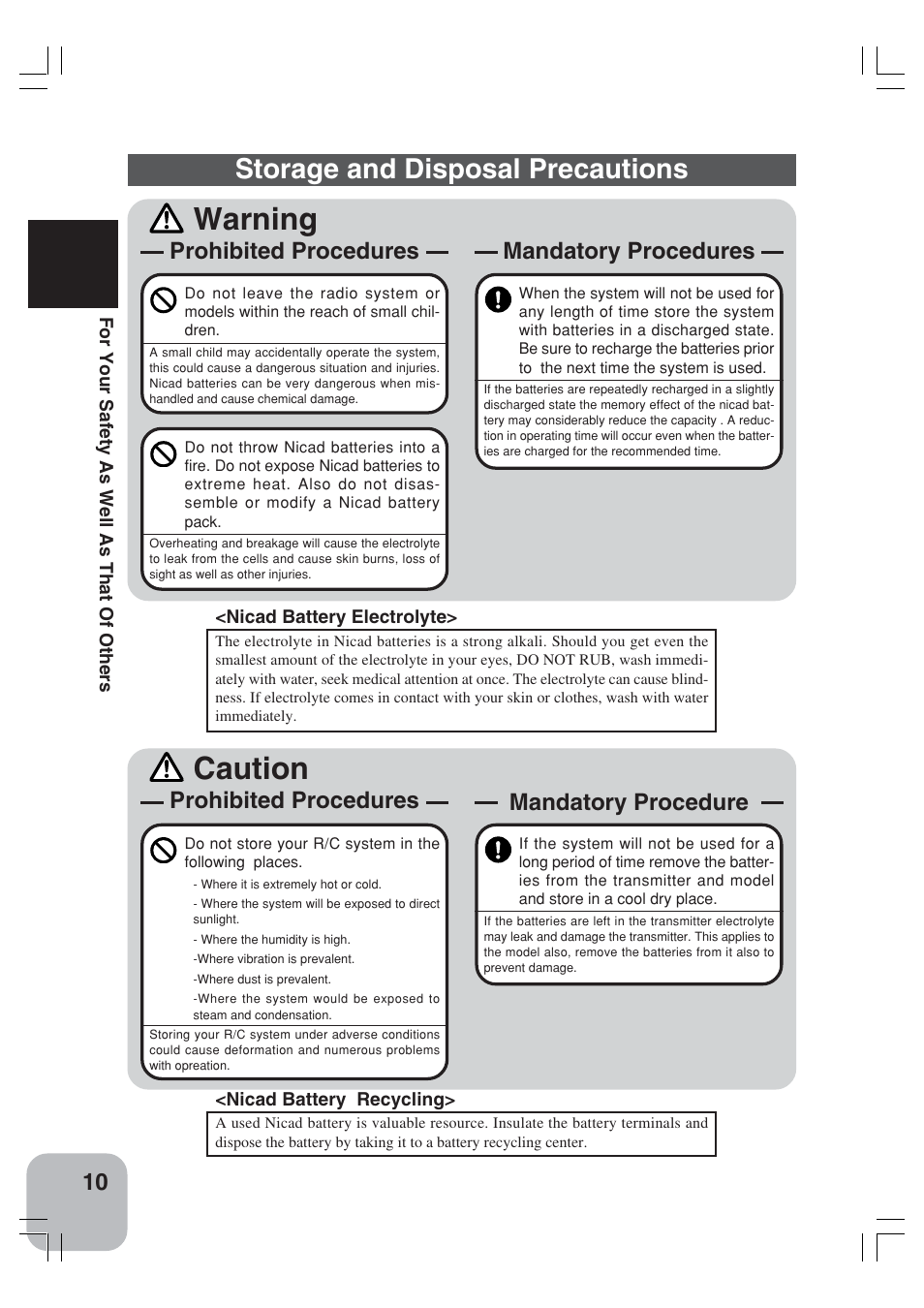 Warning, Caution, Storage and disposal precautions | Prohibited procedures, Mandatory procedures, Mandatory procedure | Futaba 3VCS User Manual | Page 9 / 112