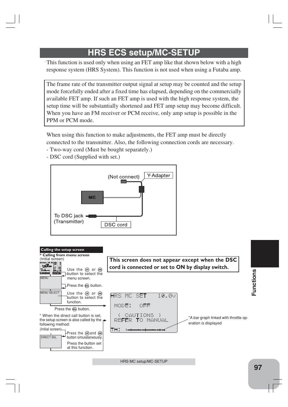 Hrs ecs setup/mc-setup, Functions | Futaba 3VCS User Manual | Page 96 / 112