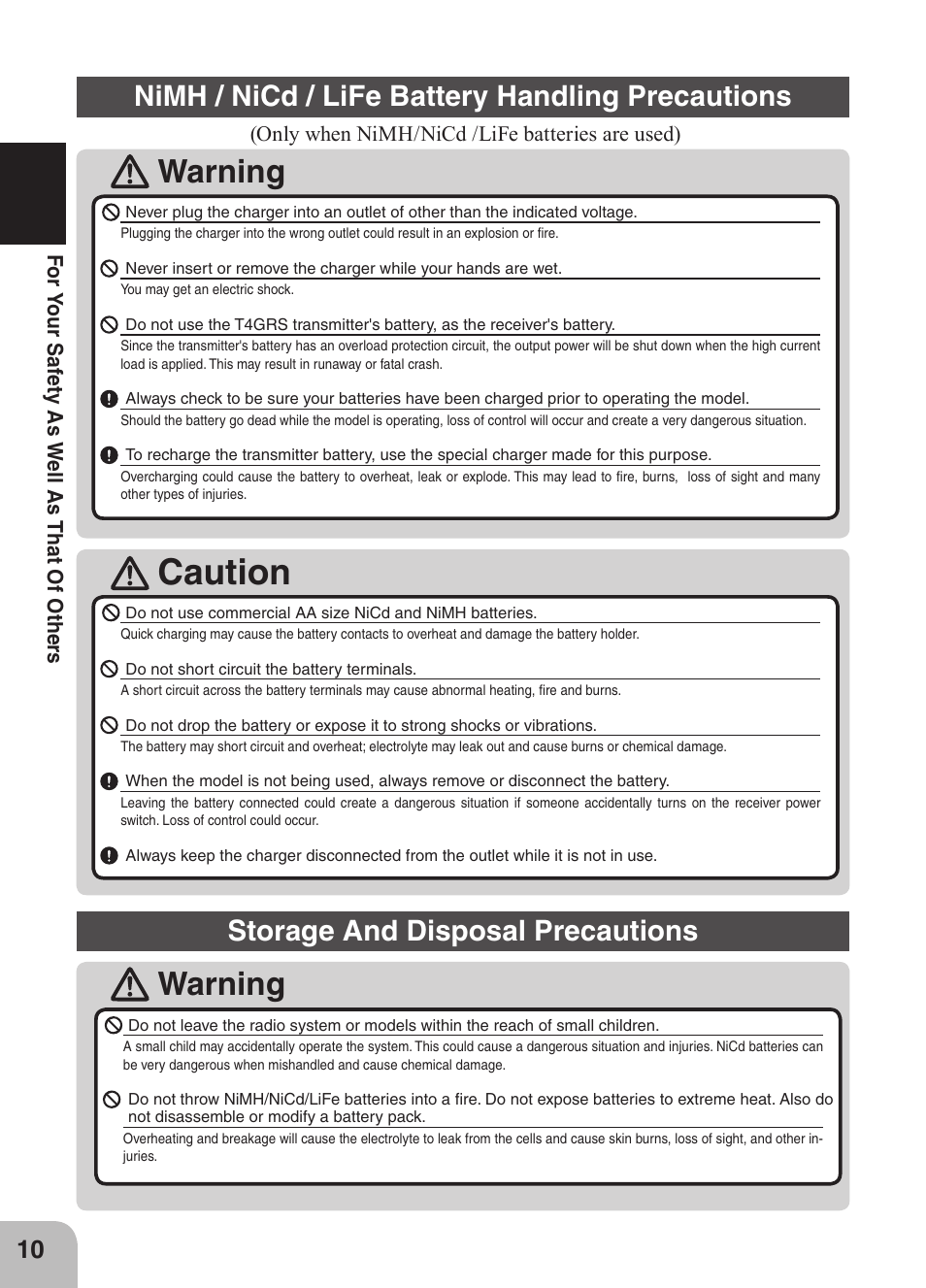 Caution, Warning, Nimh / nicd / life battery handling precautions | Storage and disposal precautions | Futaba 4GRS User Manual | Page 10 / 128