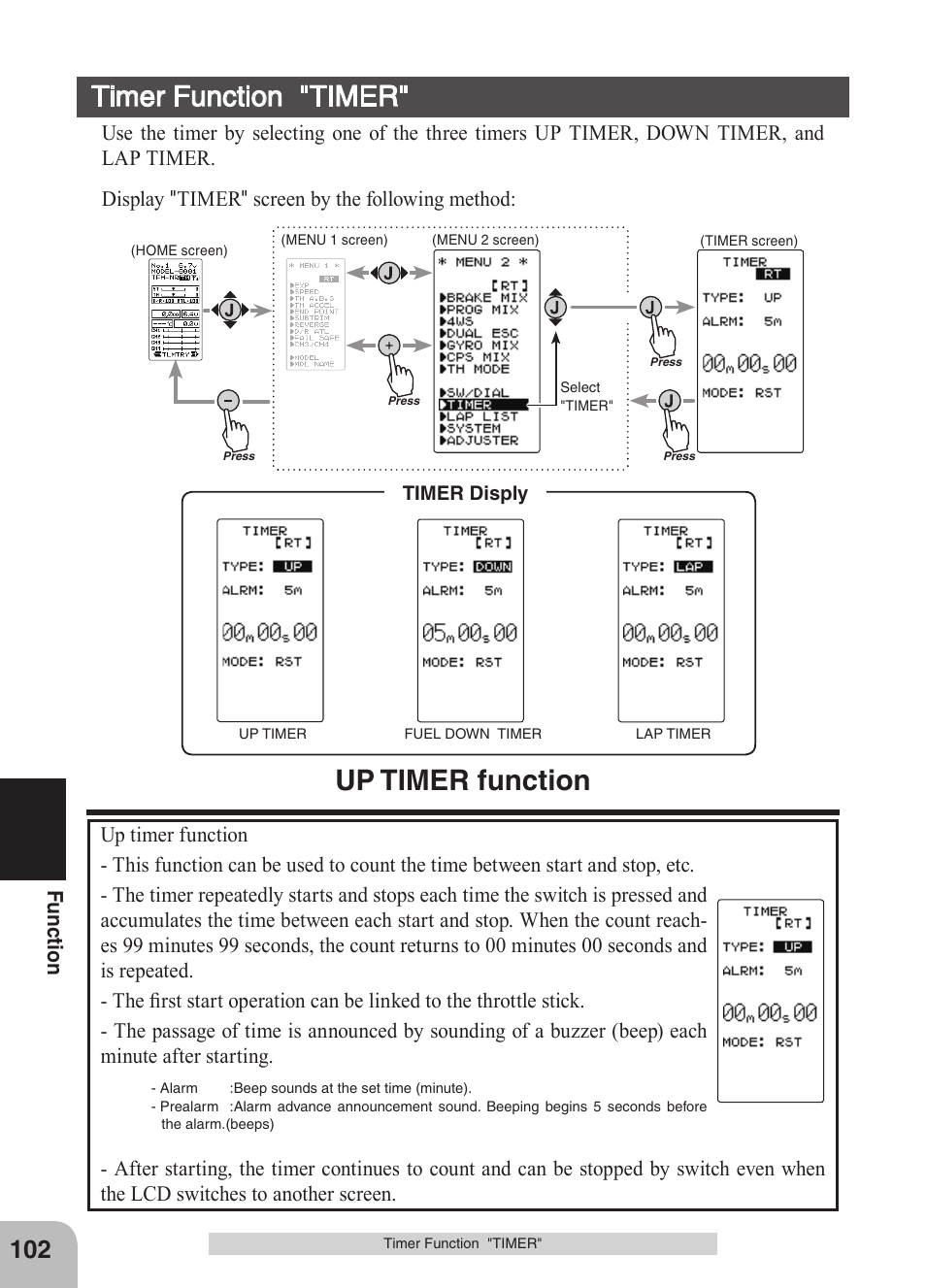 Timer function "timer, Up timer function, Fu nc tio n | Futaba 4GRS User Manual | Page 102 / 128