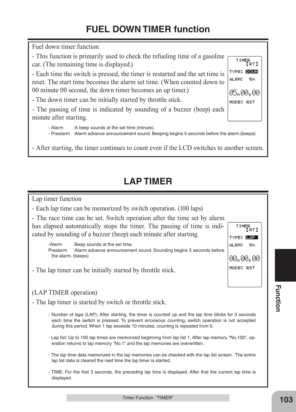 Fuel down timer function, Lap timer | Futaba 4GRS User Manual | Page 103 / 128