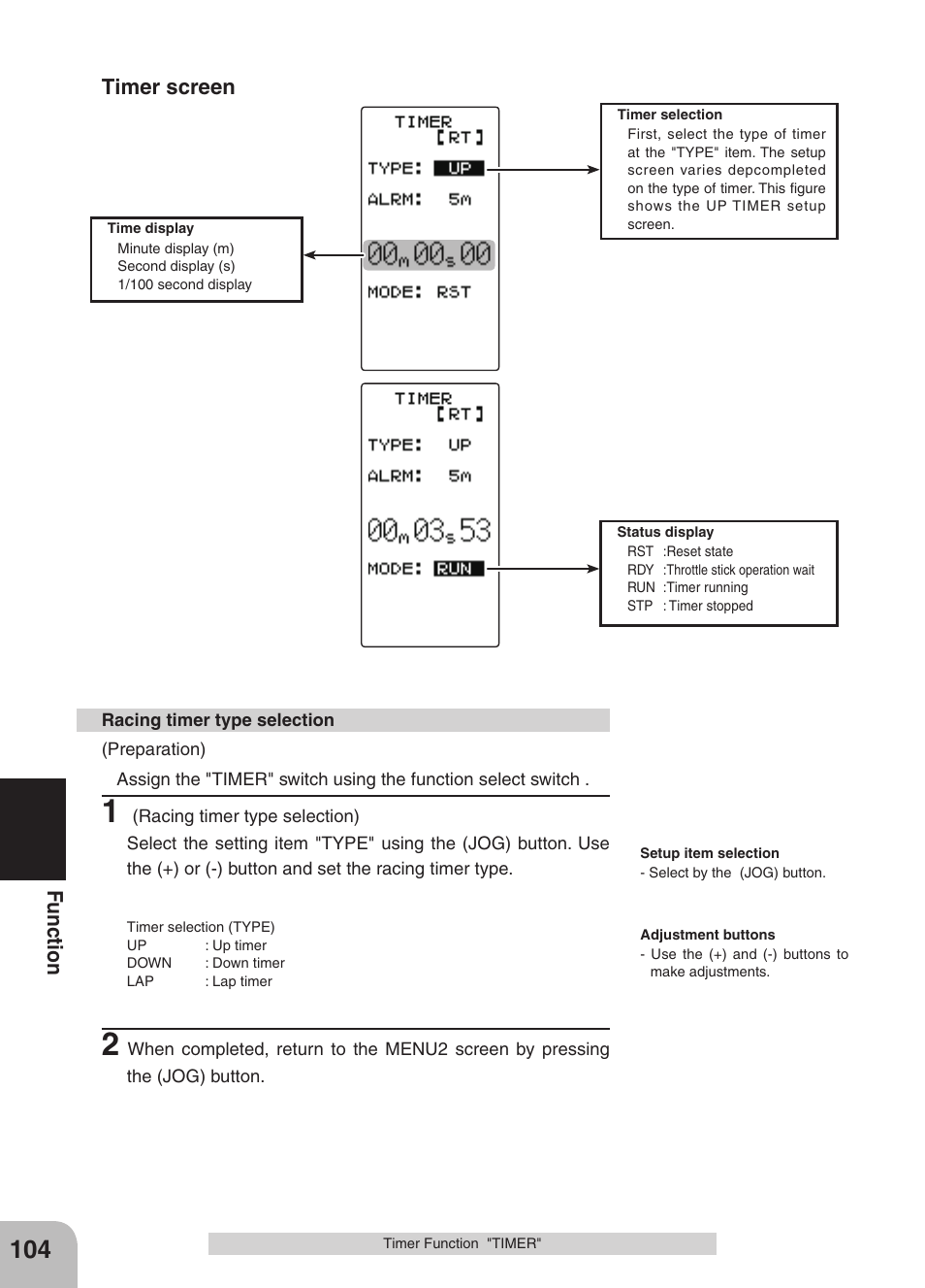 Fu nc tio n, Timer screen | Futaba 4GRS User Manual | Page 104 / 128