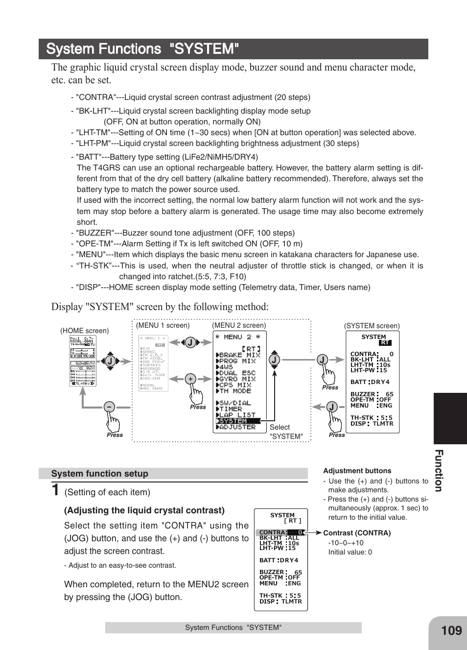 System functions "system, Display "system" screen by the following method, Fu nc tio n | Futaba 4GRS User Manual | Page 109 / 128