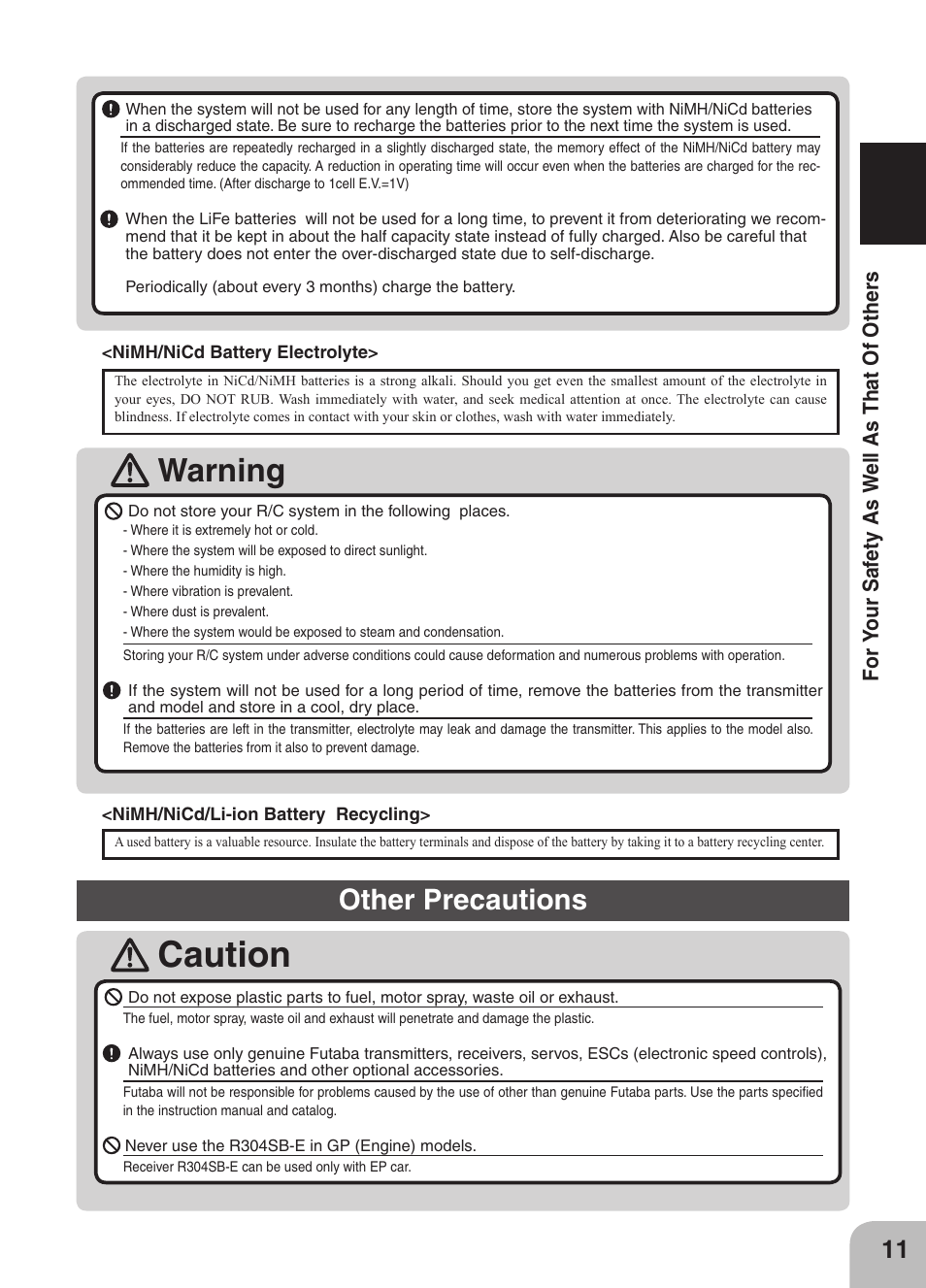 Caution, Warning, Other precautions | Futaba 4GRS User Manual | Page 11 / 128