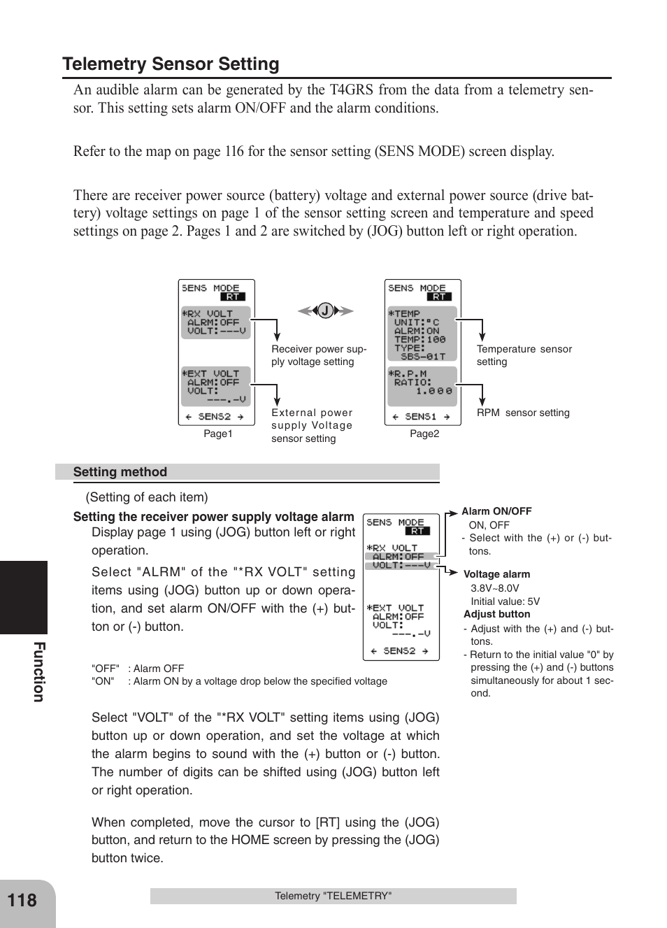 Telemetry sensor setting, Fu nc tio n | Futaba 4GRS User Manual | Page 118 / 128