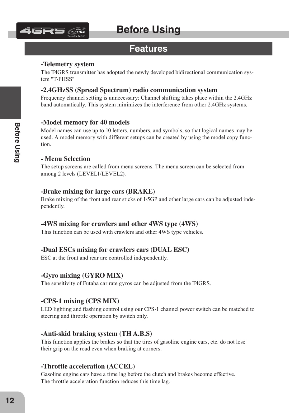 Before using, Features | Futaba 4GRS User Manual | Page 12 / 128