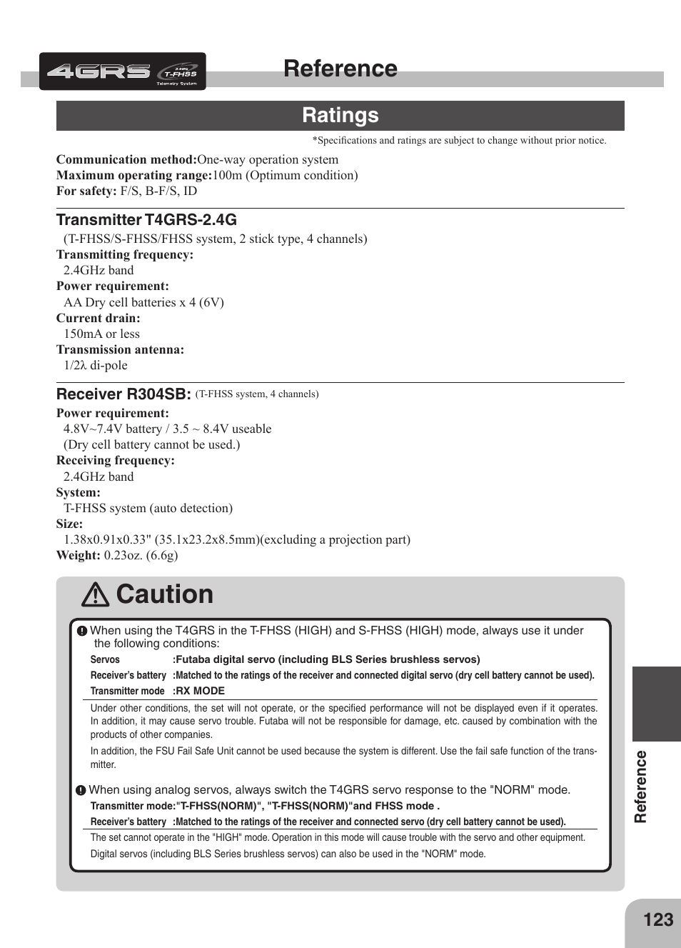 Caution, Reference, Ratings | Futaba 4GRS User Manual | Page 123 / 128