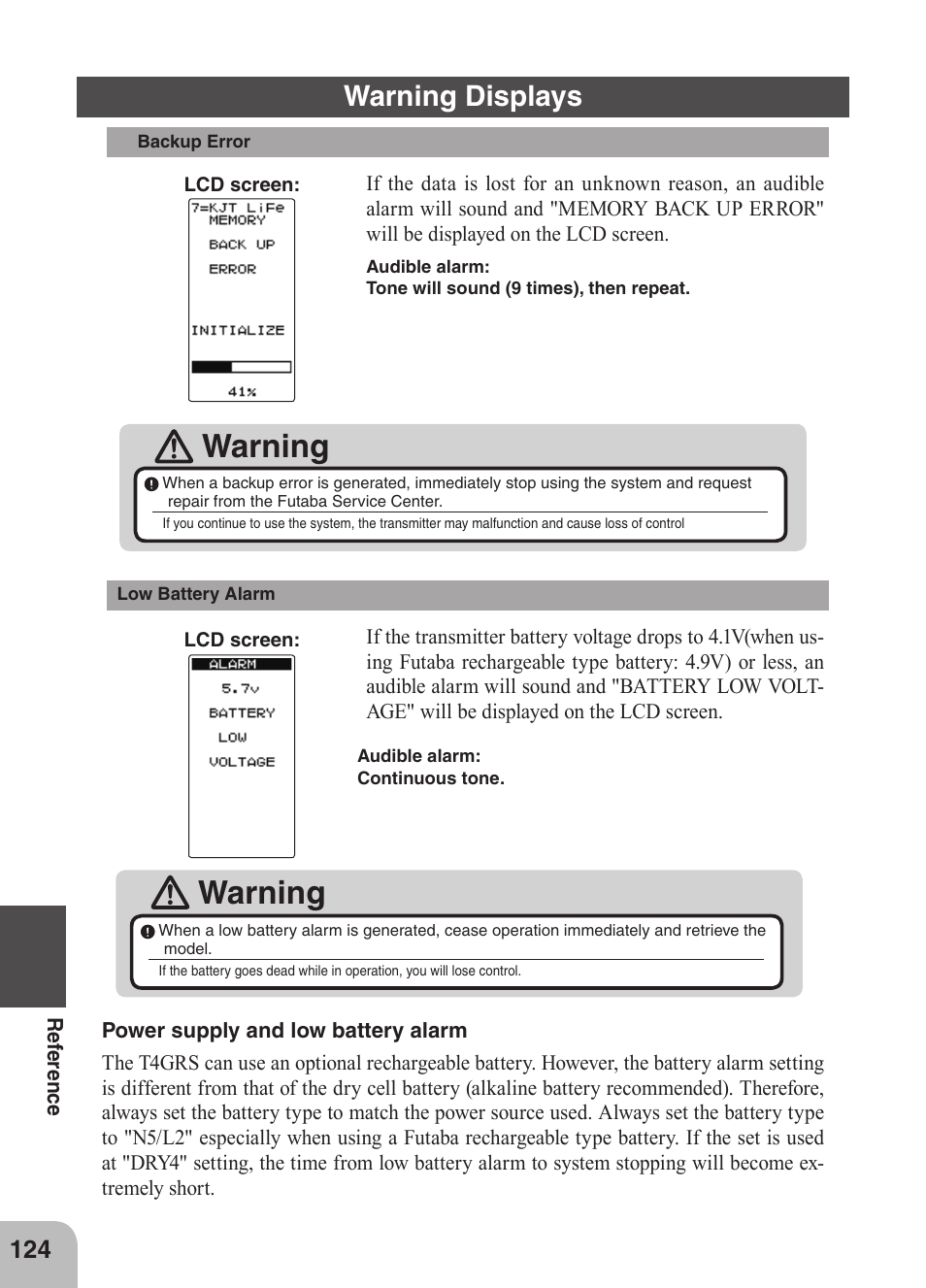 Warning, Warning displays | Futaba 4GRS User Manual | Page 124 / 128
