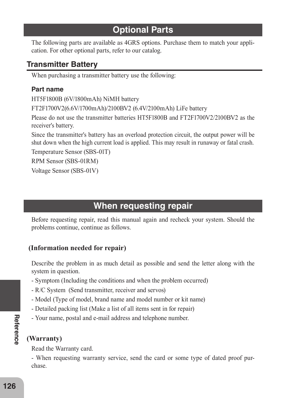 Optional parts, When requesting repair | Futaba 4GRS User Manual | Page 126 / 128