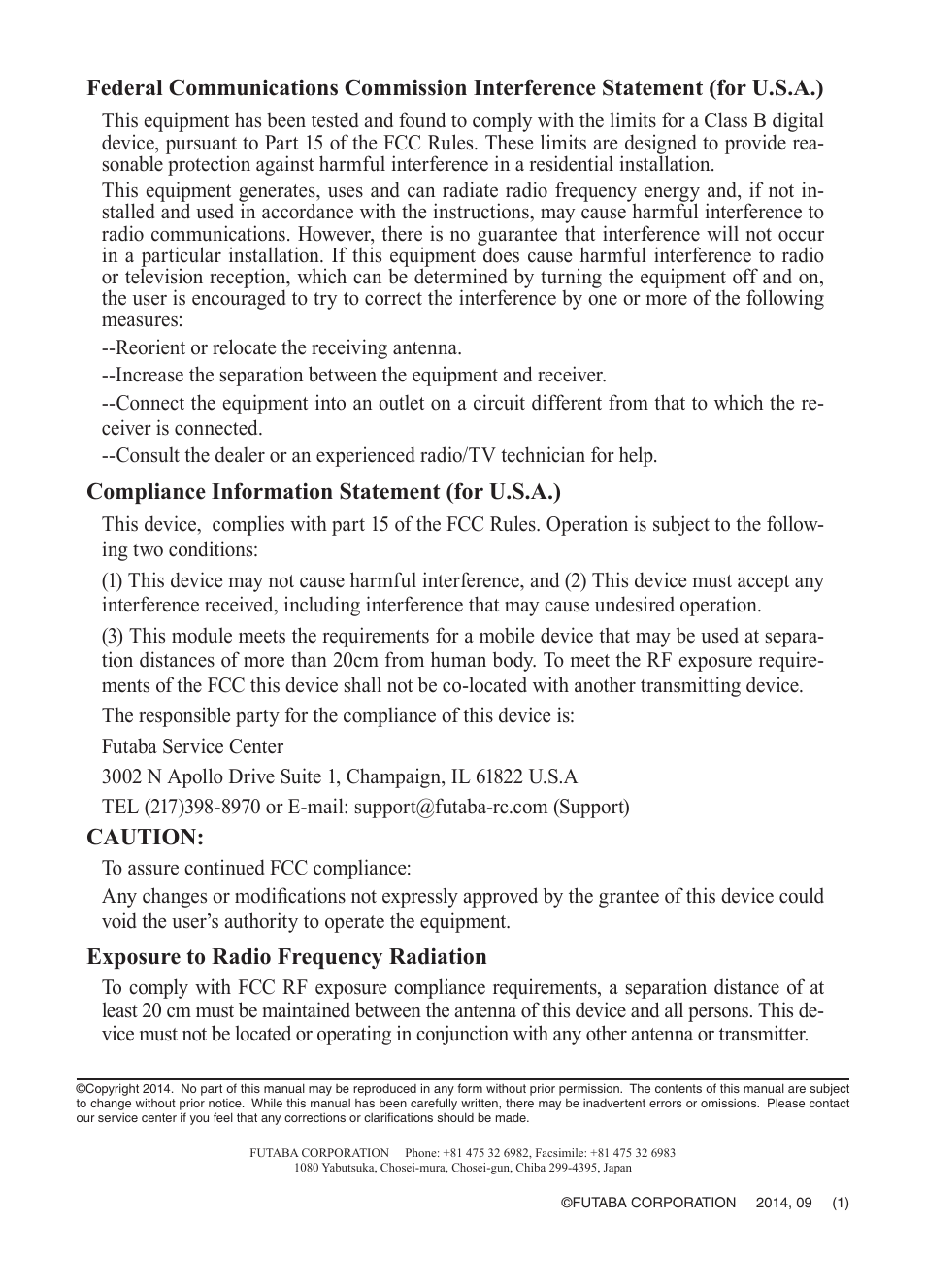 Compliance information statement (for u.s.a.), Caution, Exposure to radio frequency radiation | Futaba 4GRS User Manual | Page 127 / 128