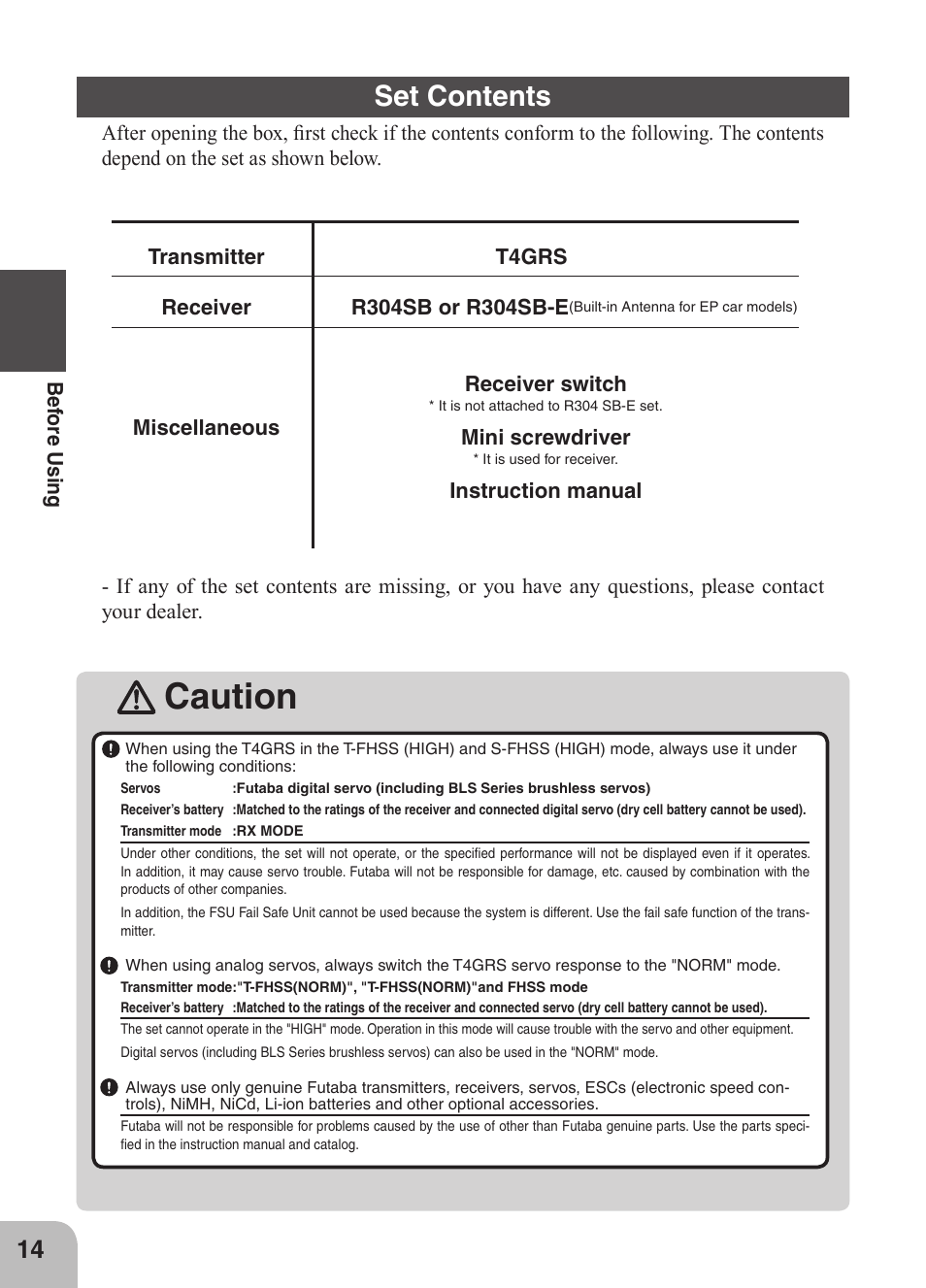 Caution, Set contents | Futaba 4GRS User Manual | Page 14 / 128