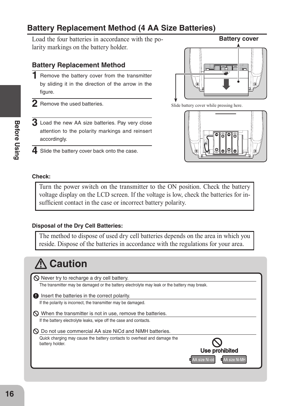 Caution, Battery replacement method (4 aa size batteries) | Futaba 4GRS User Manual | Page 16 / 128
