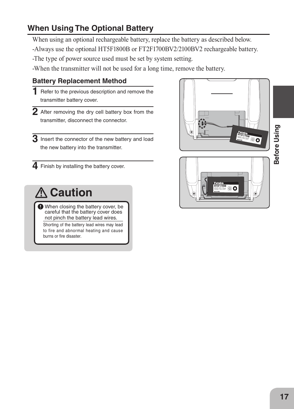 Caution, When using the optional battery | Futaba 4GRS User Manual | Page 17 / 128