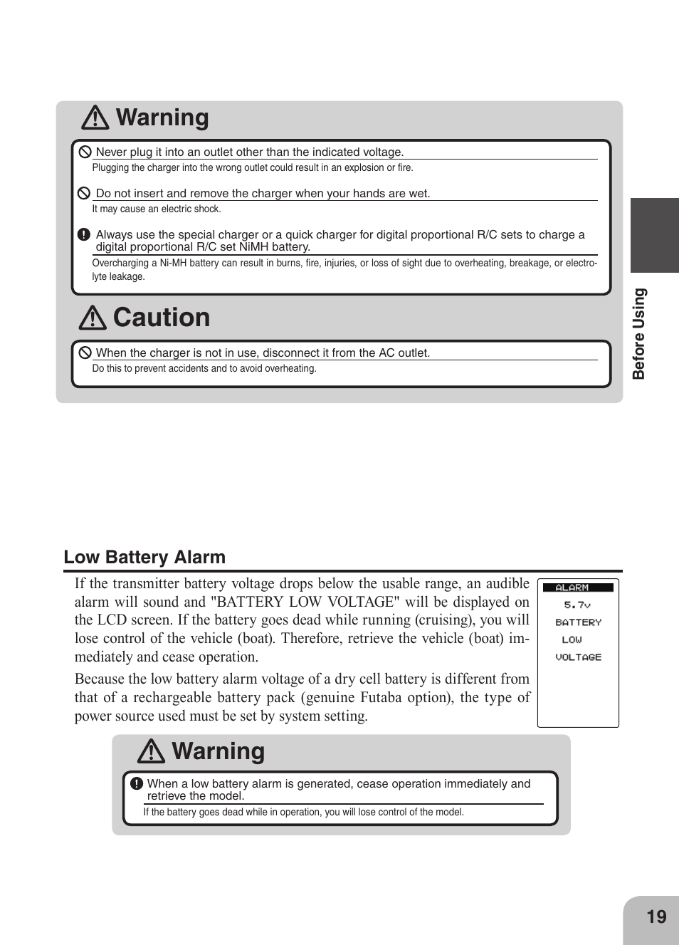 Caution, Warning, Low battery alarm | Futaba 4GRS User Manual | Page 19 / 128