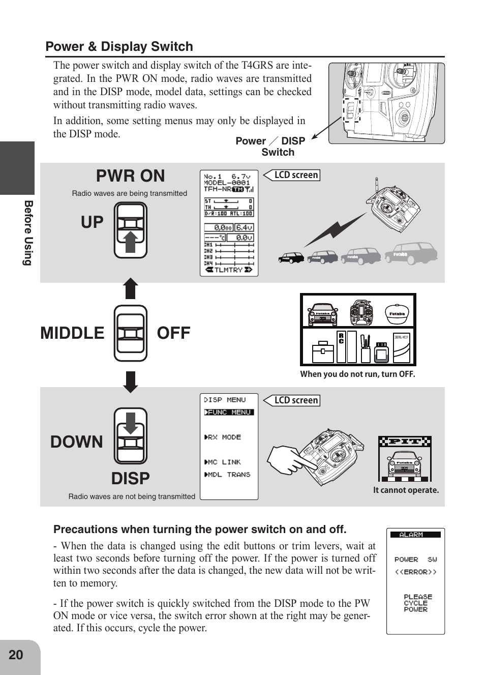 Off disp, Middle, Pwr on | Down up | Futaba 4GRS User Manual | Page 20 / 128