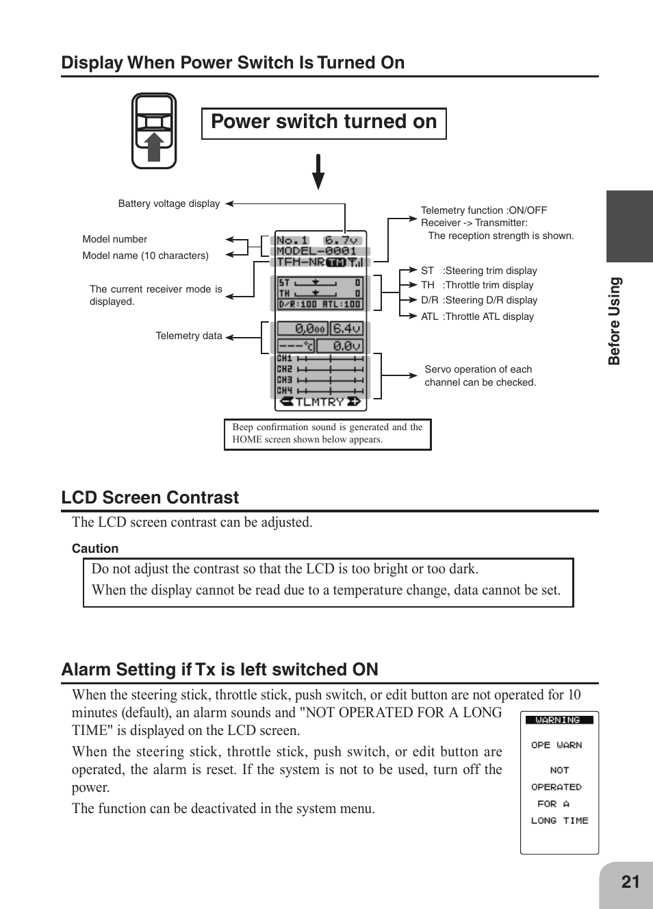 Power switch turned on, Display when power switch is turned on, Lcd screen contrast | Alarm setting if tx is left switched on | Futaba 4GRS User Manual | Page 21 / 128