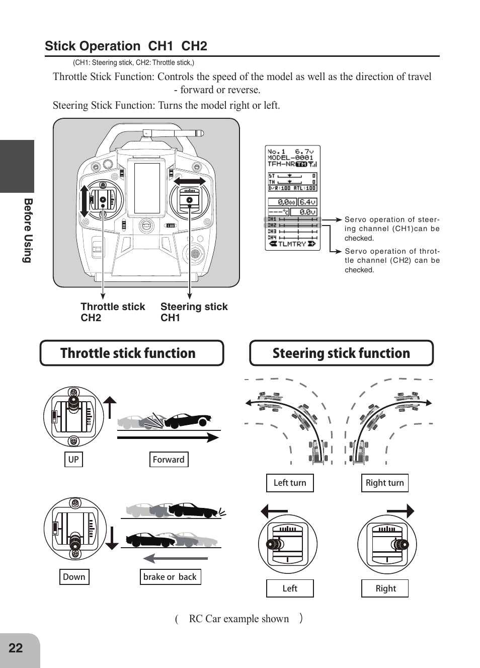 Throttle stick function steering stick function, Stick operation ch1 ch2 | Futaba 4GRS User Manual | Page 22 / 128