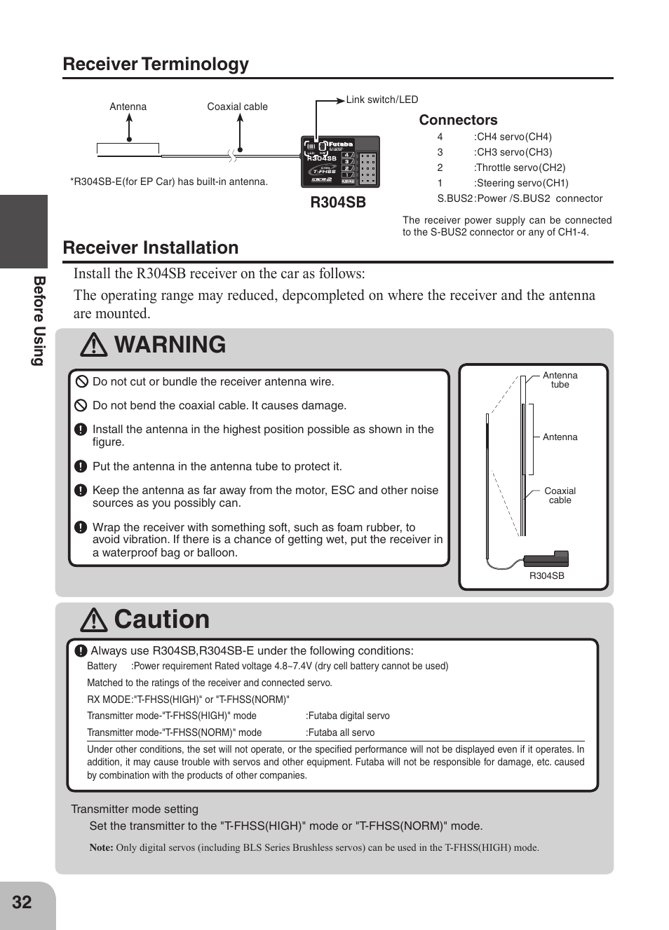 Caution, Warning, Receiver installation | Receiver terminology, Befo re usi ng, R304sb | Futaba 4GRS User Manual | Page 32 / 128