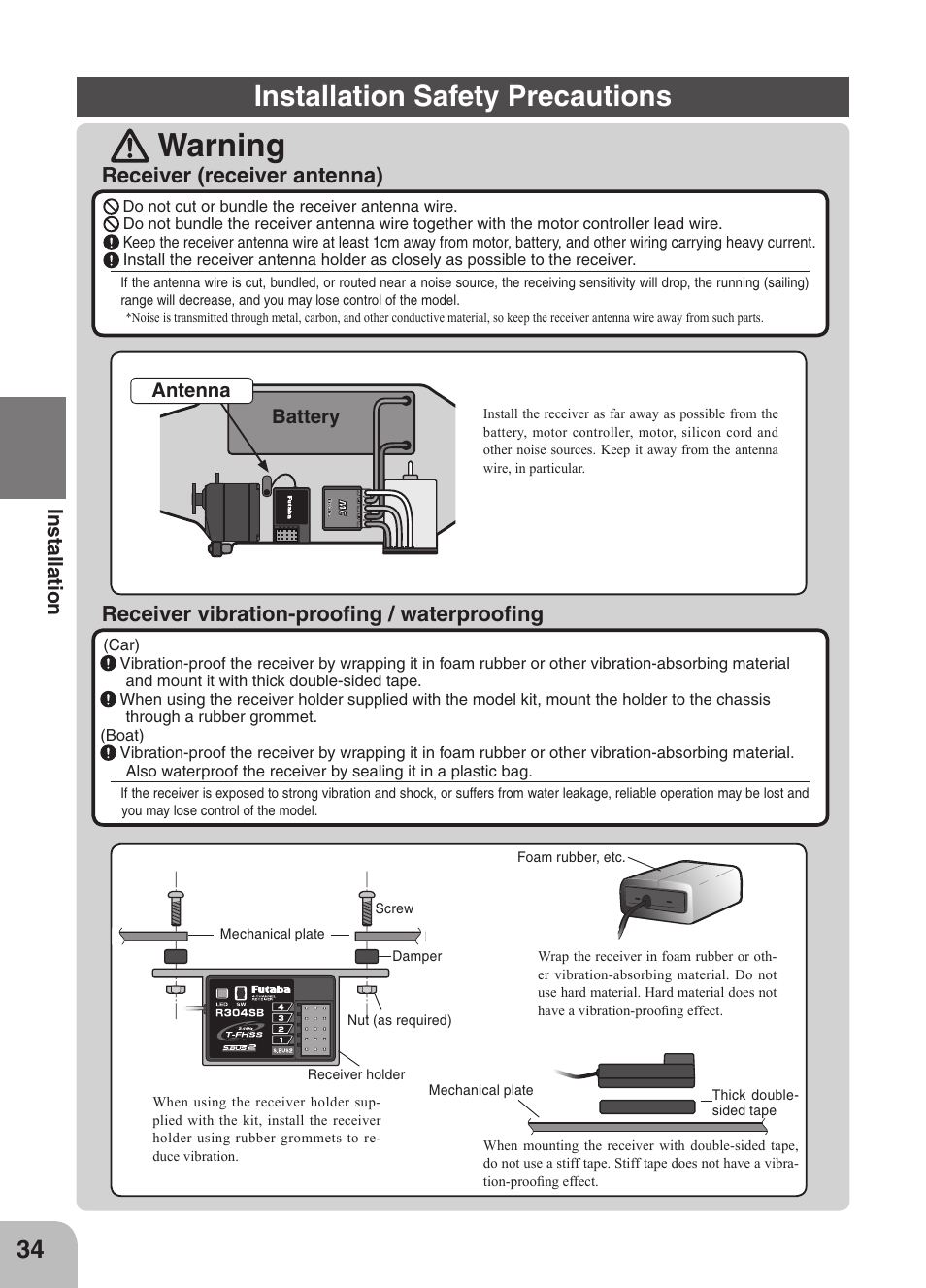 Warning, Installation safety precautions, Antenna | Battery | Futaba 4GRS User Manual | Page 34 / 128