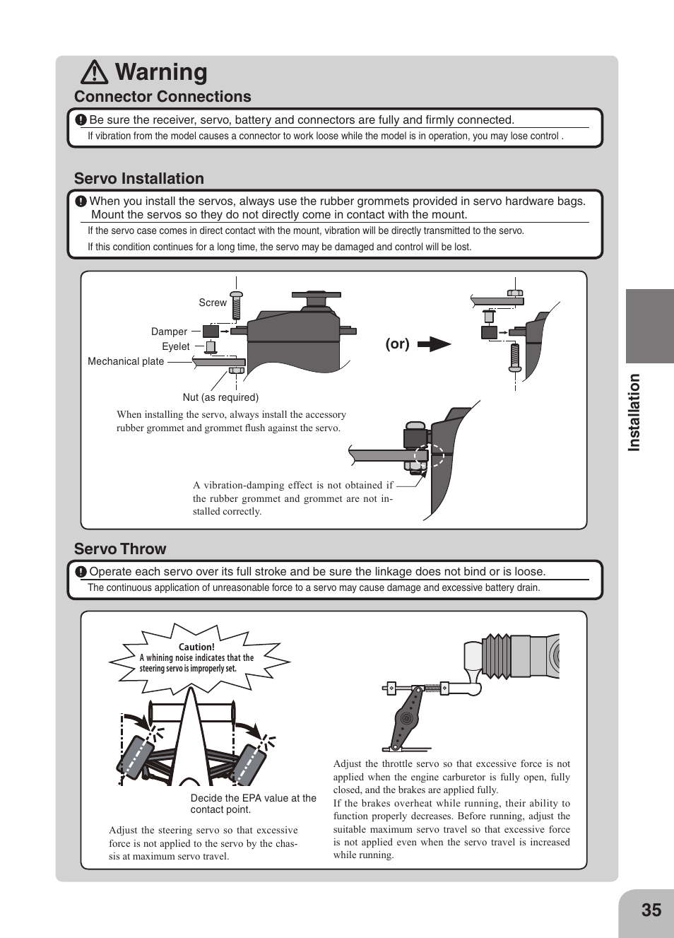 Warning, Servo throw | Futaba 4GRS User Manual | Page 35 / 128