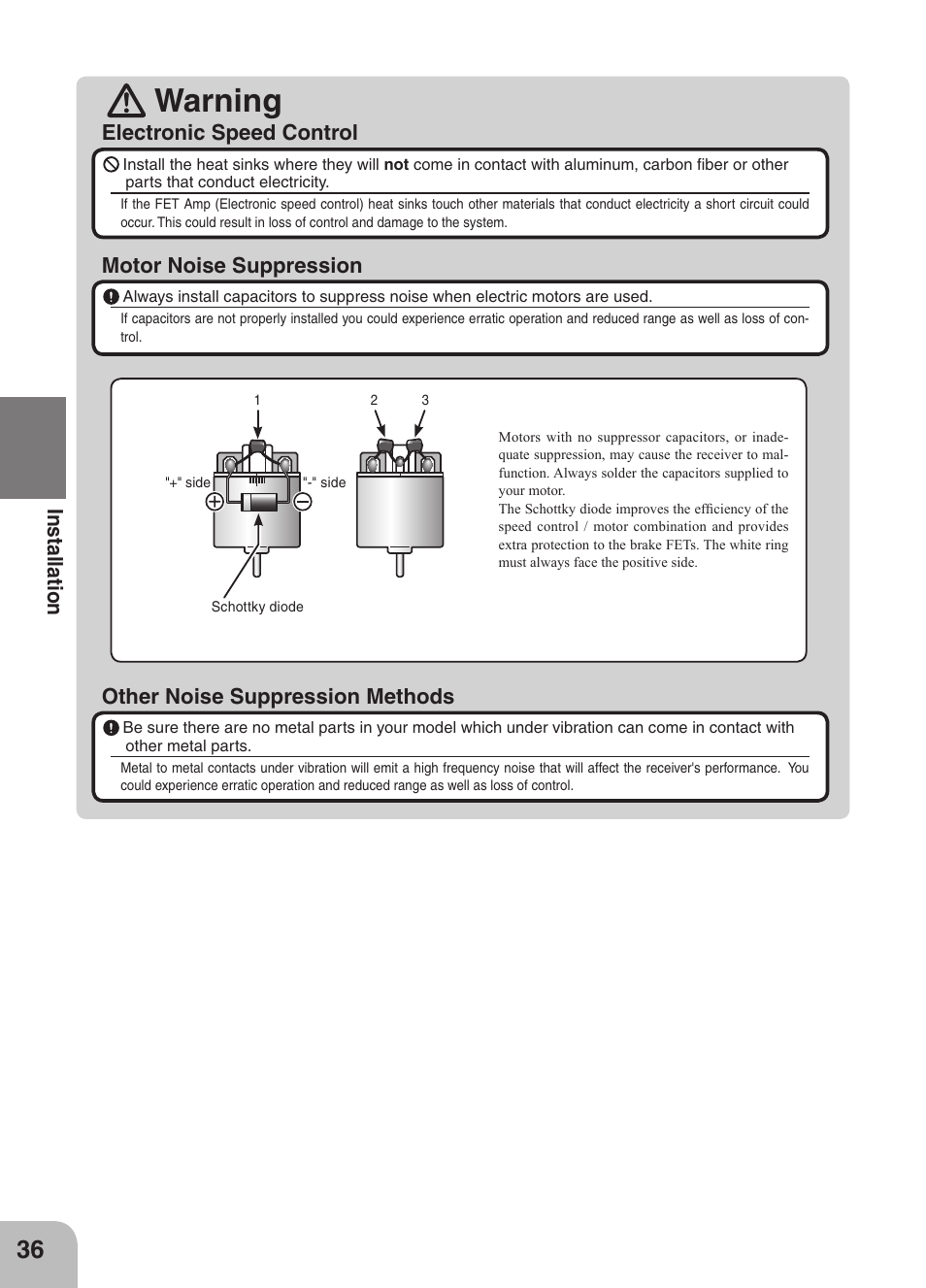 Warning, Other noise suppression methods | Futaba 4GRS User Manual | Page 36 / 128