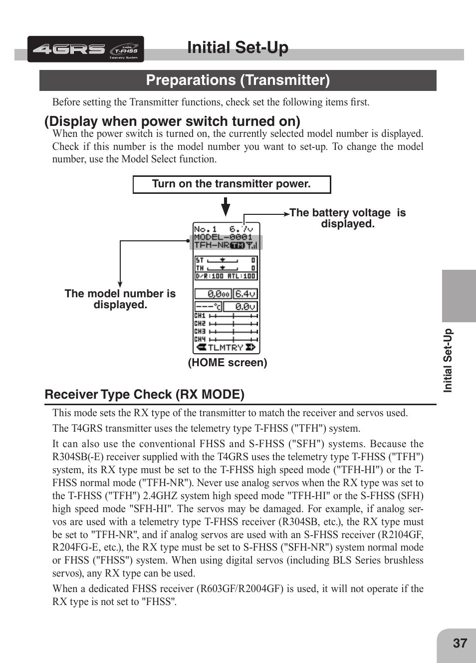 Initial set-up, Preparations (transmitter), Display when power switch turned on) | Futaba 4GRS User Manual | Page 37 / 128