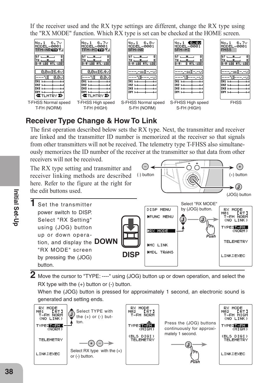 Disp down 38, Receiver type change & how to link | Futaba 4GRS User Manual | Page 38 / 128