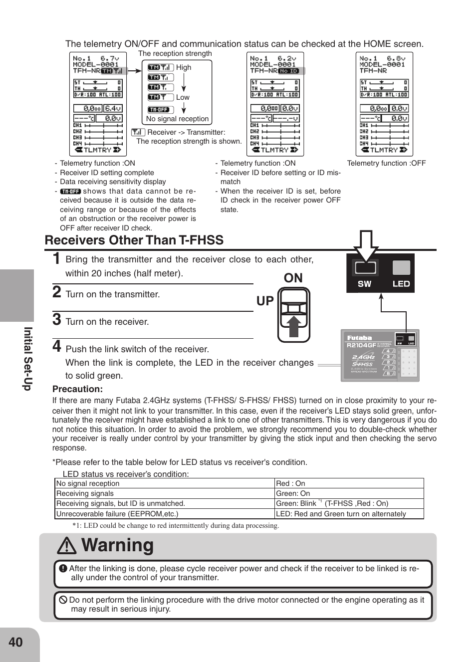 Warning, Receivers other than t-fhss, Up on | Futaba 4GRS User Manual | Page 40 / 128