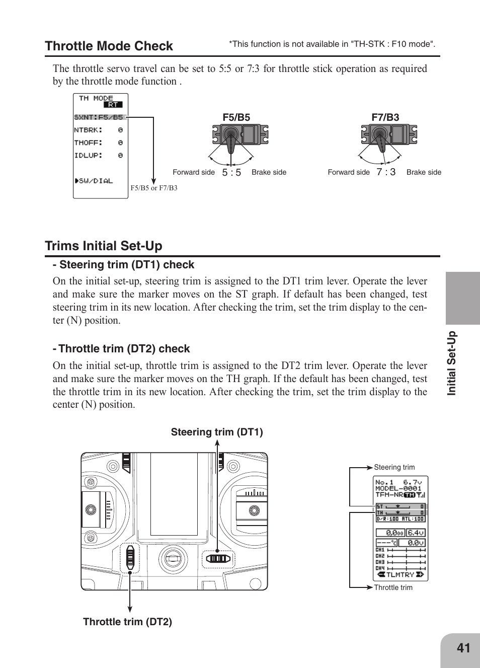 Trims initial set-up, Throttle mode check | Futaba 4GRS User Manual | Page 41 / 128