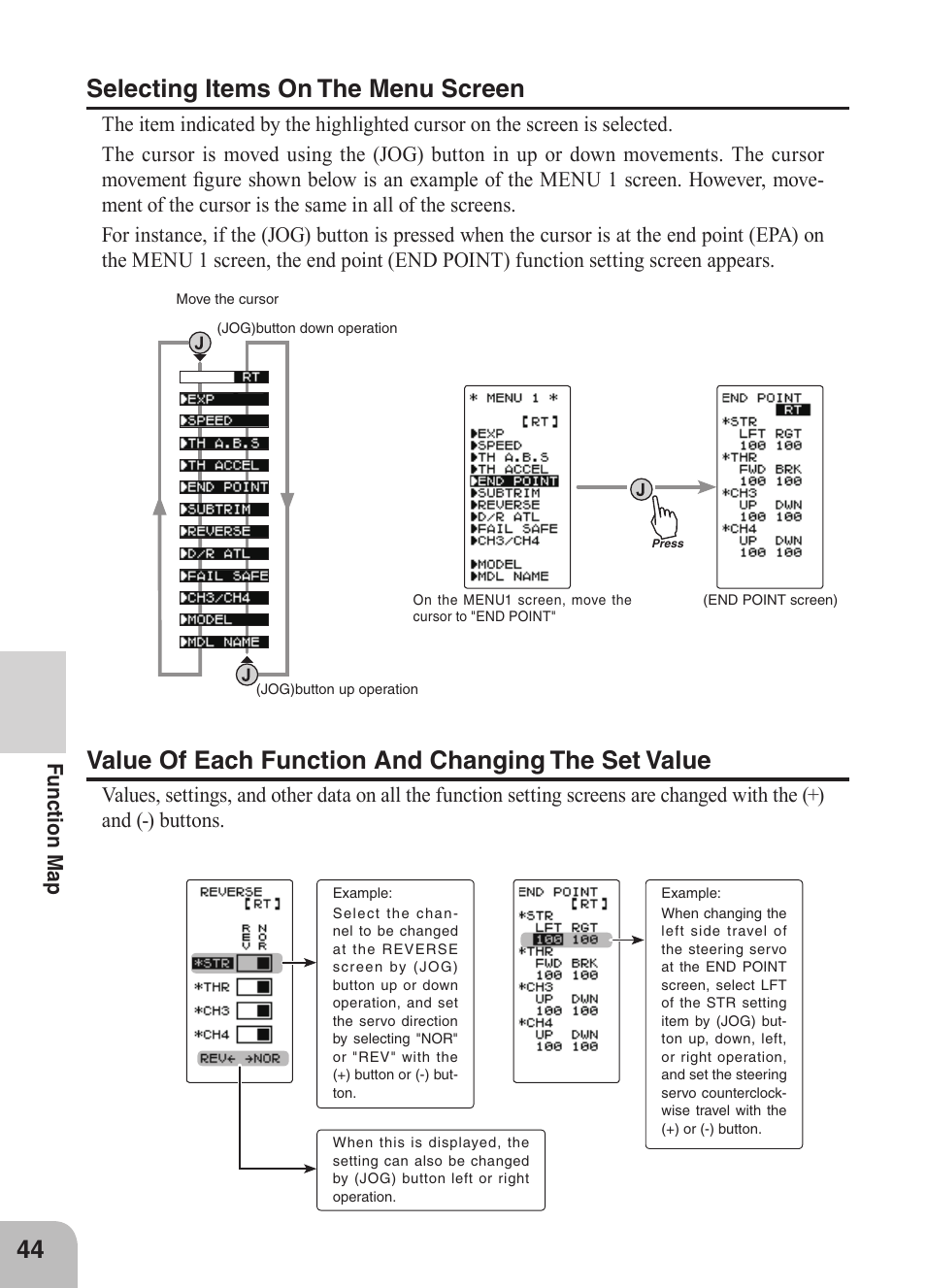 Value of each function and changing the set value, Selecting items on the menu screen | Futaba 4GRS User Manual | Page 44 / 128