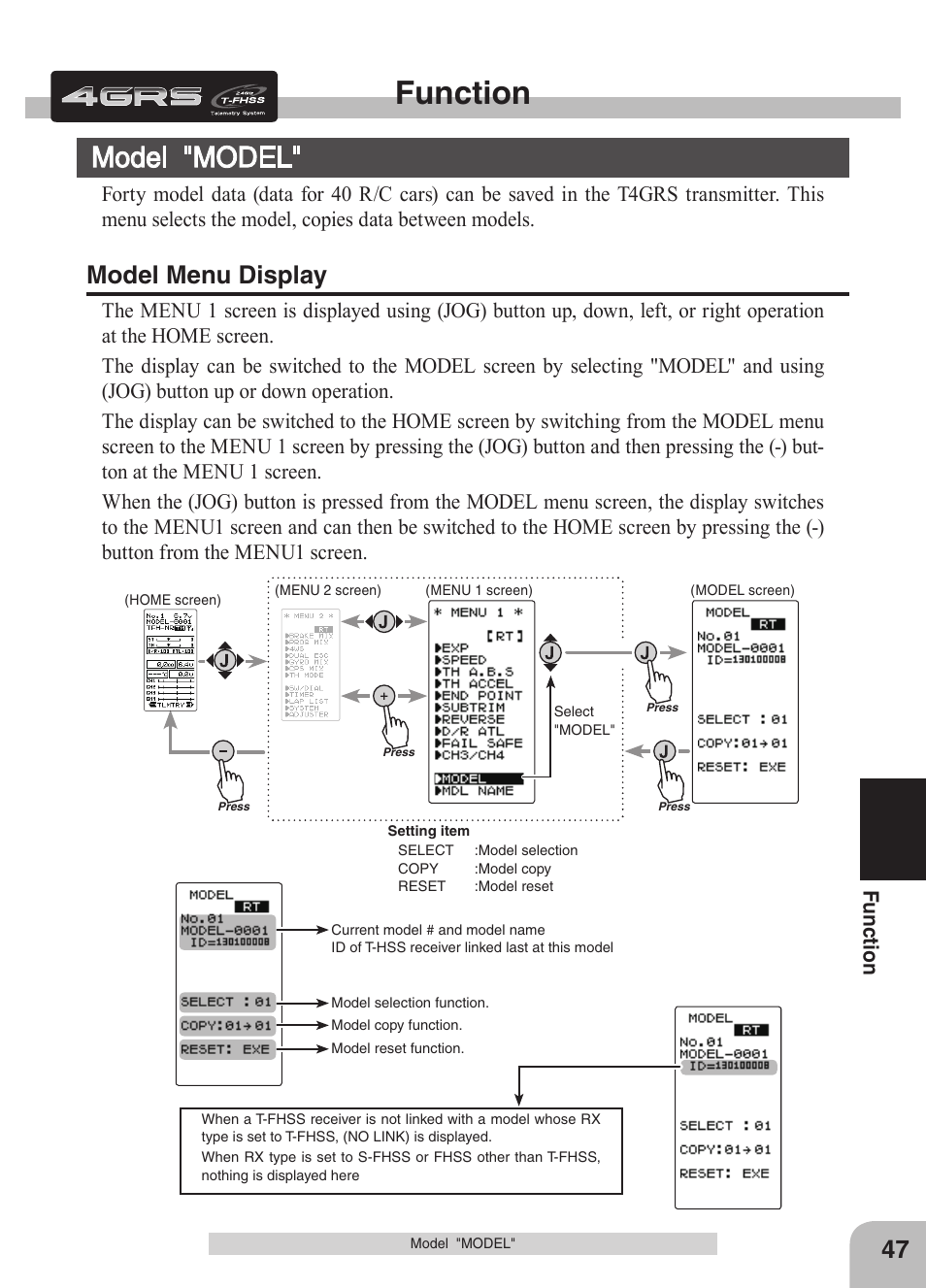 Function, Model "model, Model menu display | Fu nc tio n | Futaba 4GRS User Manual | Page 47 / 128