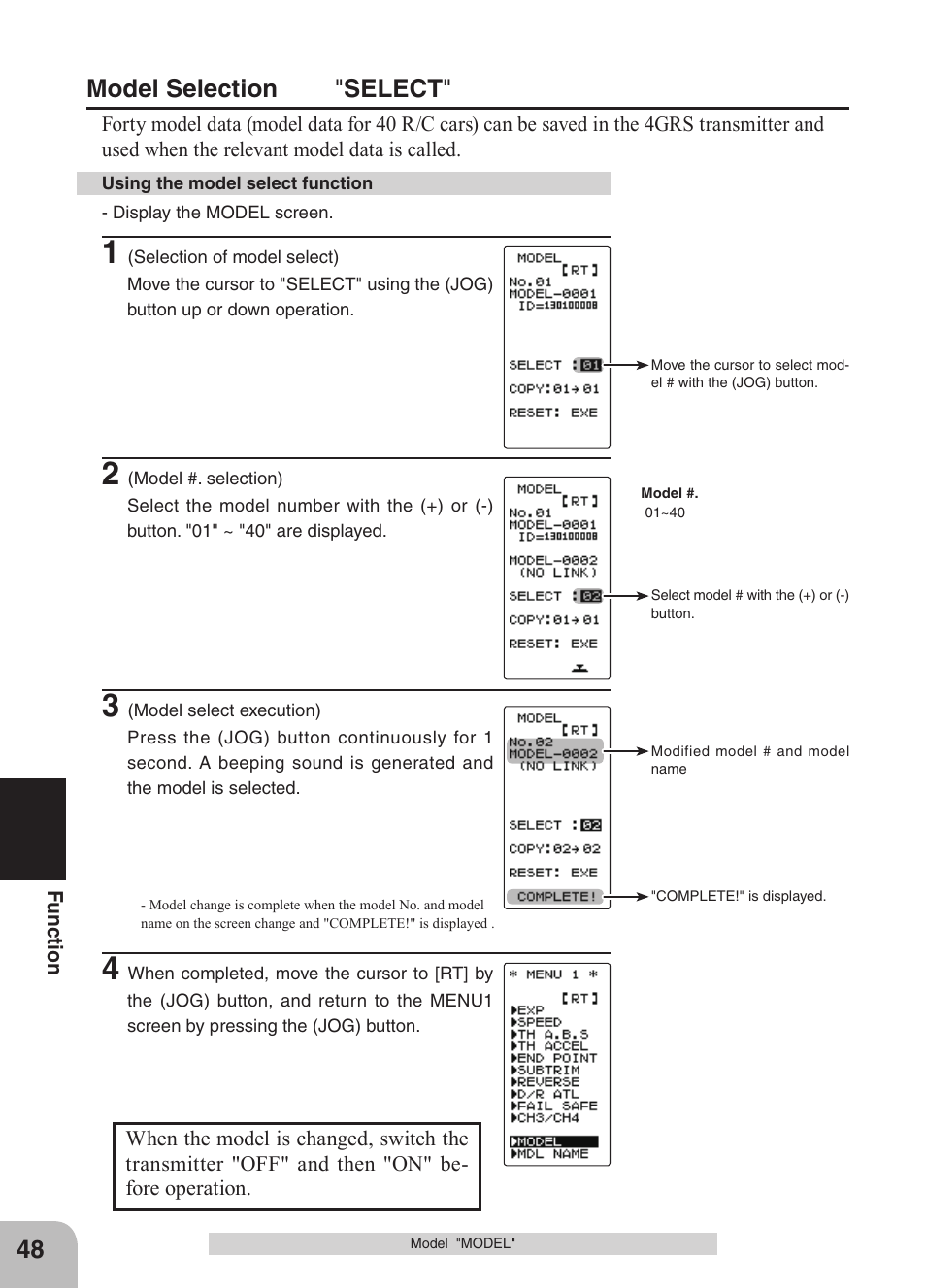 Model selection " select | Futaba 4GRS User Manual | Page 48 / 128