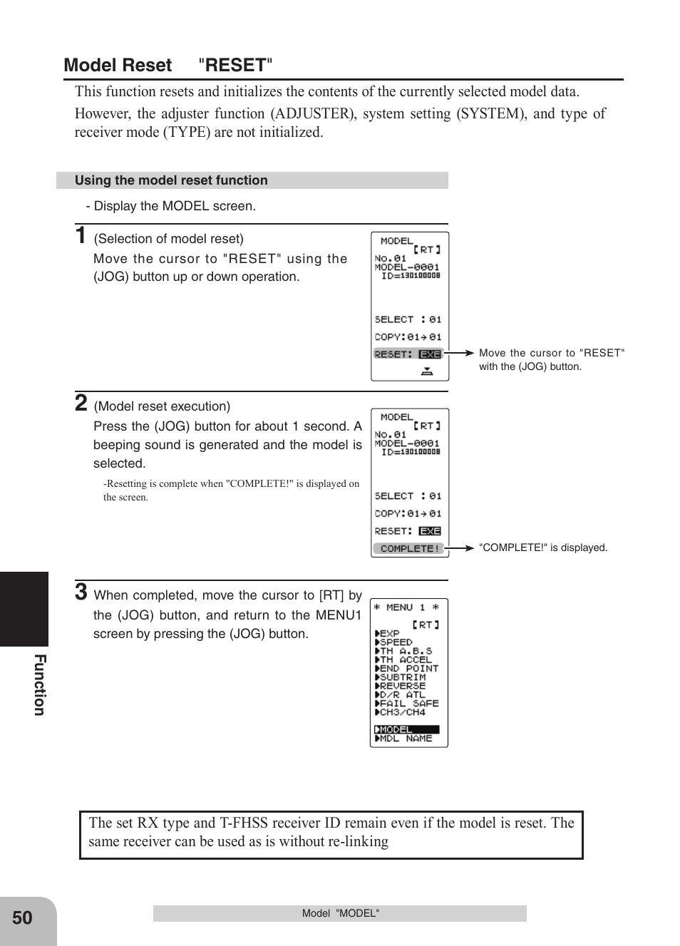 Model reset " reset | Futaba 4GRS User Manual | Page 50 / 128