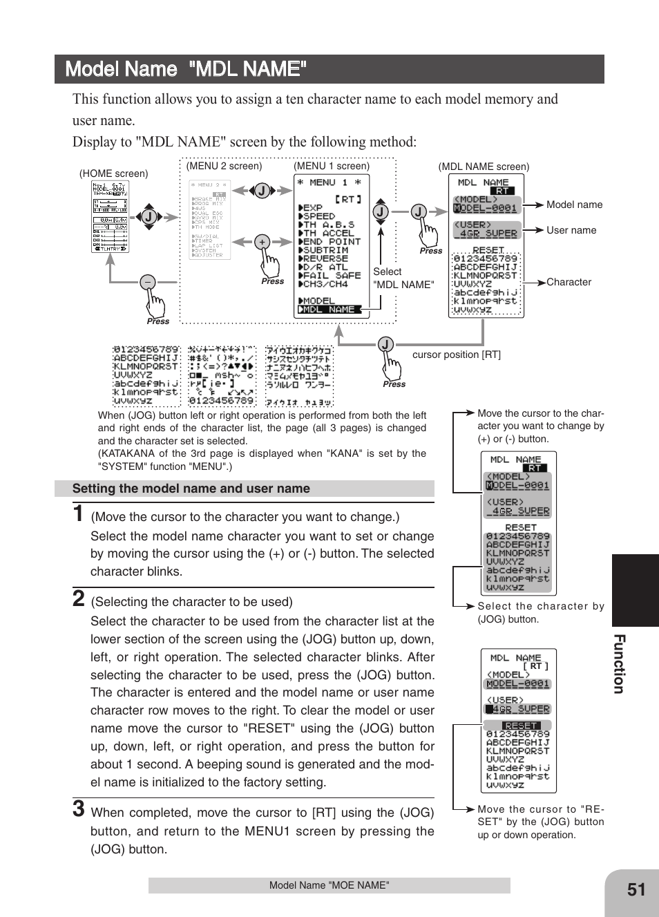 Model name "mdl name, Fu nc tio n | Futaba 4GRS User Manual | Page 51 / 128