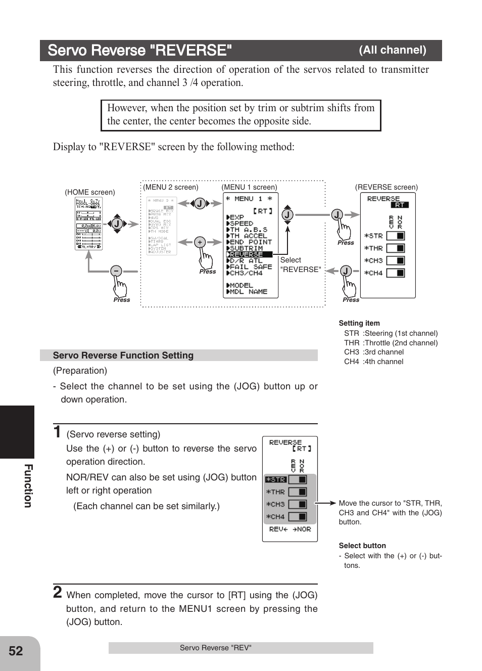 Servo reverse "reverse, Fu nc tio n | Futaba 4GRS User Manual | Page 52 / 128