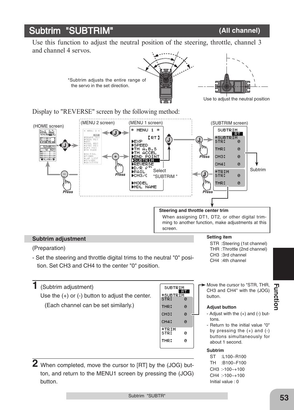 Subtrim "subtrim, Fu nc tio n, All channel) | Futaba 4GRS User Manual | Page 53 / 128