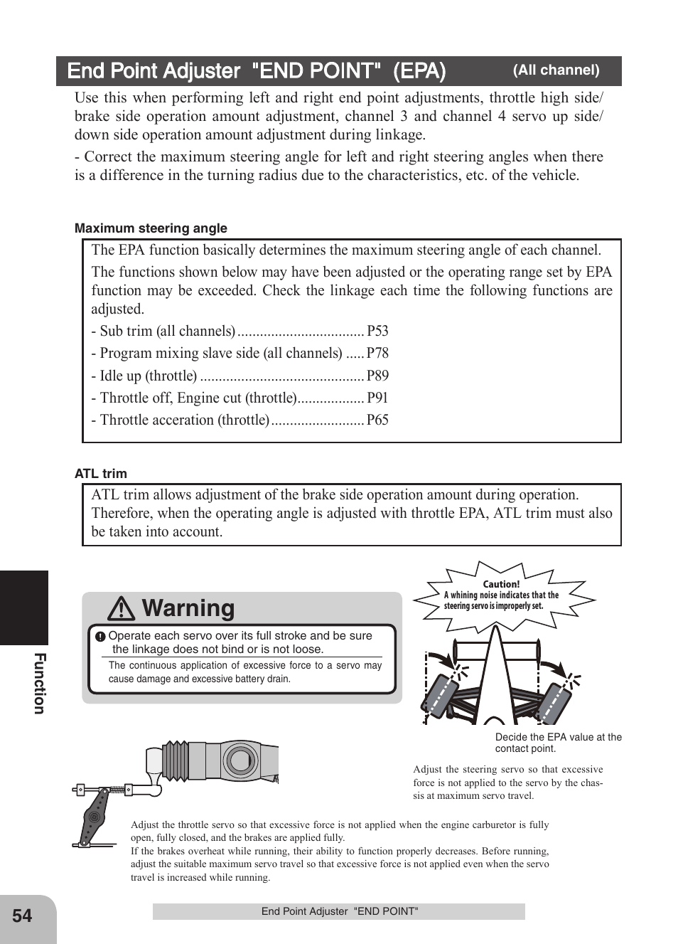 Warning, End point adjuster "end point" (epa) | Futaba 4GRS User Manual | Page 54 / 128