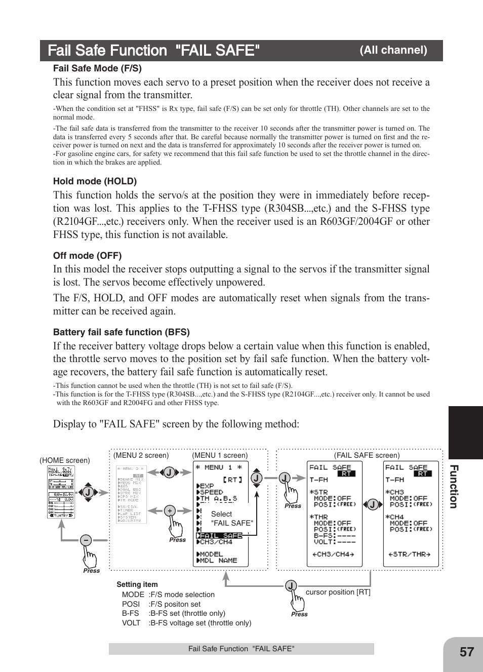 Fail safe function "fail safe, Fu nc tio n, All channel) | Futaba 4GRS User Manual | Page 57 / 128