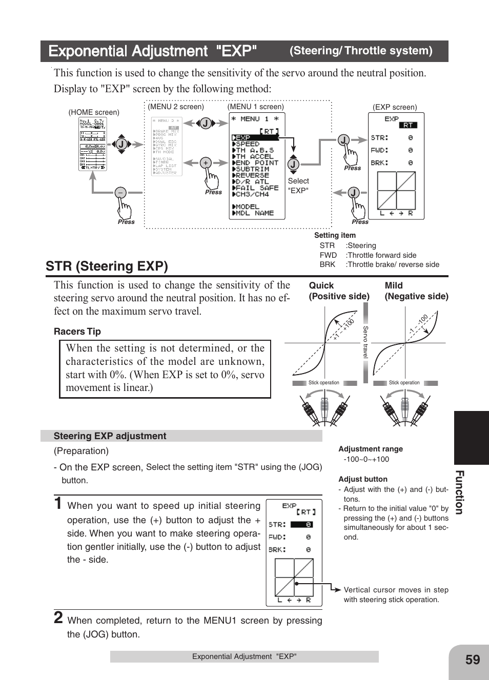 Exponential adjustment "exp, Str (steering exp), Fu nc tio n | Futaba 4GRS User Manual | Page 59 / 128