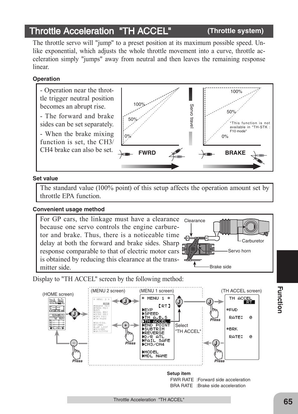 Throttle acceleration "th accel, Fu nc tio n | Futaba 4GRS User Manual | Page 65 / 128