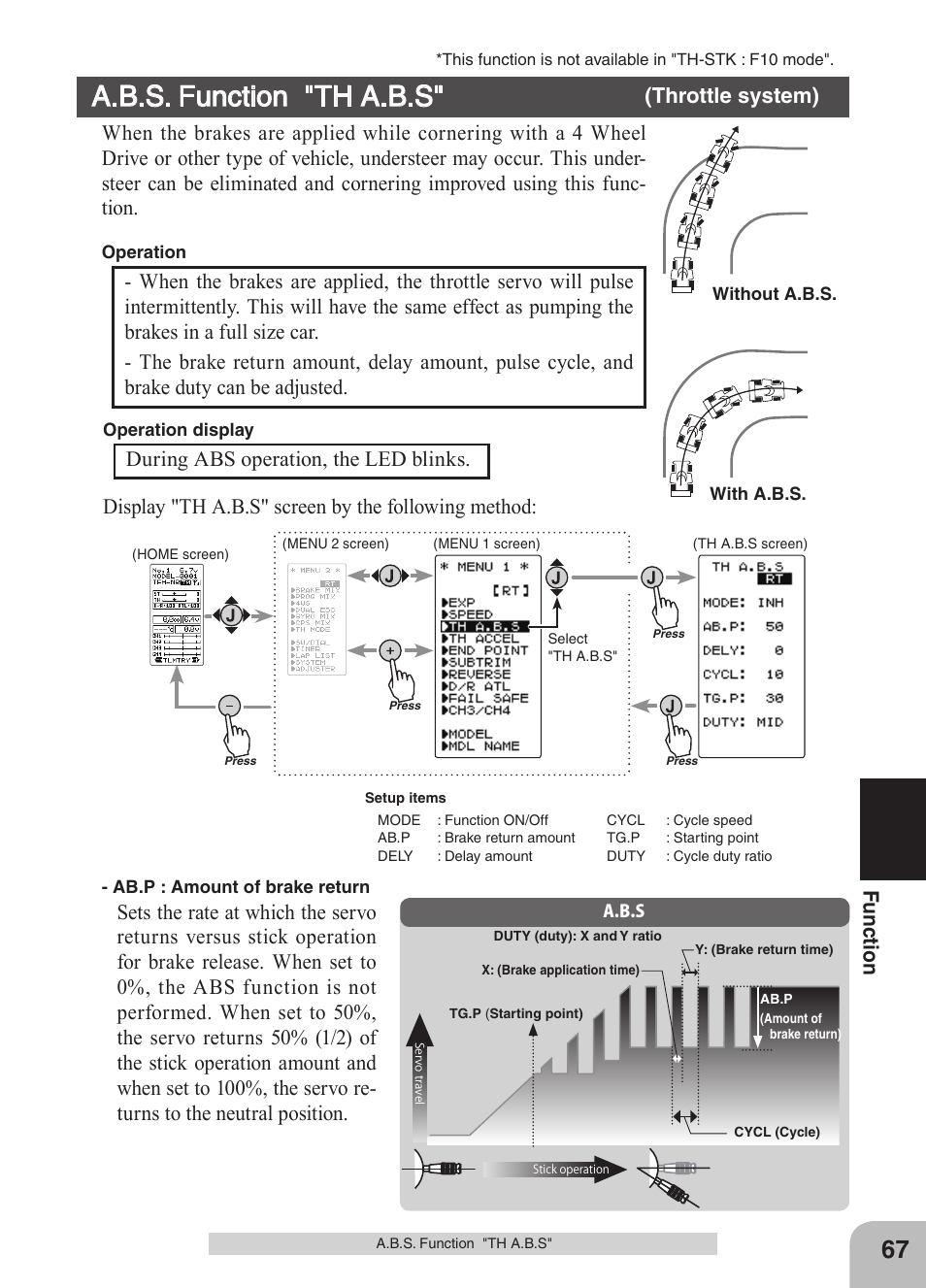 A.b.s. function "th a.b.s, Fu nc tio n, Display "th a.b.s" screen by the following method | Futaba 4GRS User Manual | Page 67 / 128