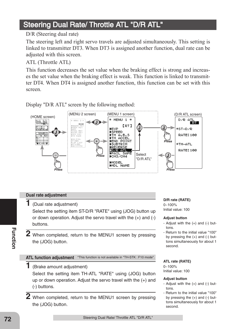 Steering dual rate/ throttle atl "d/r atl | Futaba 4GRS User Manual | Page 72 / 128