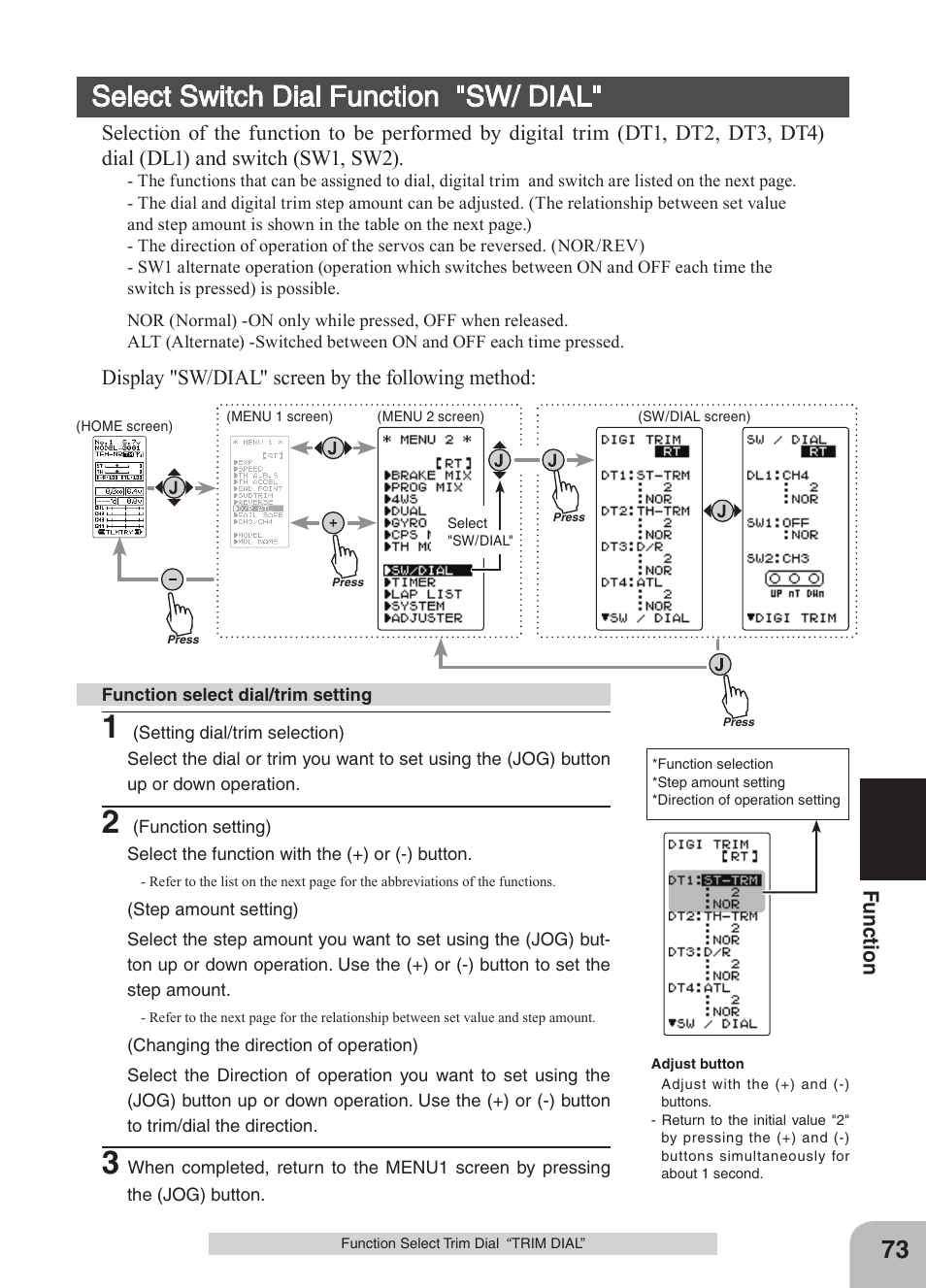 Select switch dial function "sw/ dial, Fu nc tio n, Display "sw/dial" screen by the following method | Futaba 4GRS User Manual | Page 73 / 128