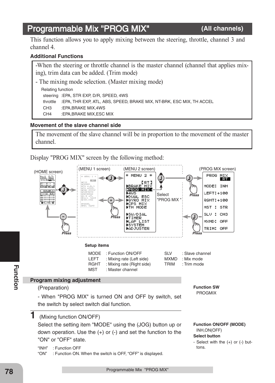 Programmable mix "prog mix, Fu nc tio n, All channels) | Display "prog mix" screen by the following method | Futaba 4GRS User Manual | Page 78 / 128