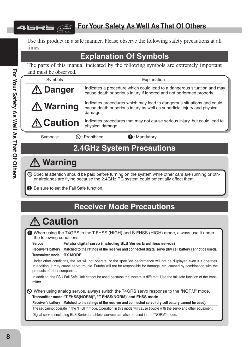 Caution, Warning, Danger | Explanation of symbols, 4ghz system precautions, Receiver mode precautions, For your safety as well as that of others | Futaba 4GRS User Manual | Page 8 / 128