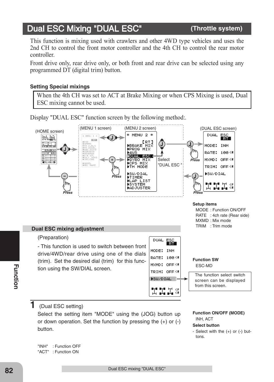 Dual esc mixing "dual esc, Fu nc tio n, Throttle system) | Futaba 4GRS User Manual | Page 82 / 128