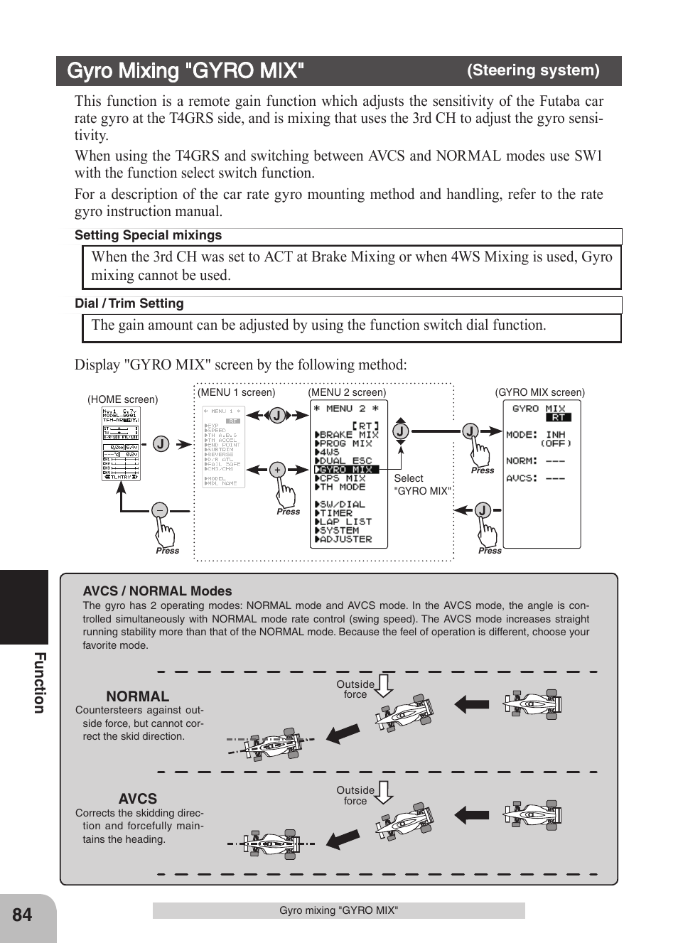 Gyro mixing "gyro mix, Display "gyro mix" screen by the following method | Futaba 4GRS User Manual | Page 84 / 128