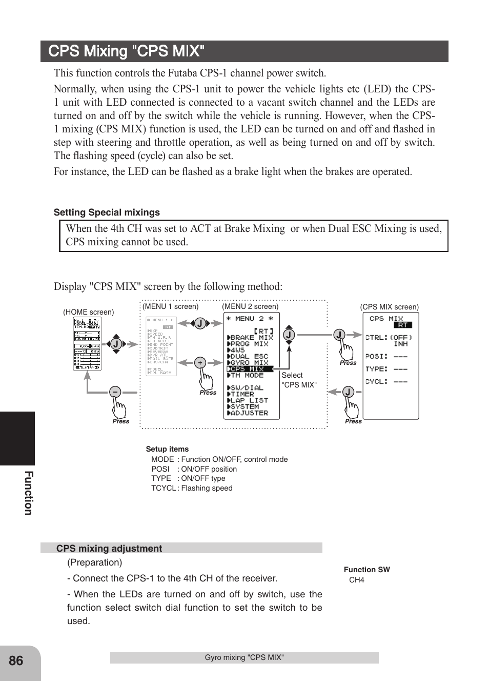 Cps mixing "cps mix, Fu nc tio n | Futaba 4GRS User Manual | Page 86 / 128