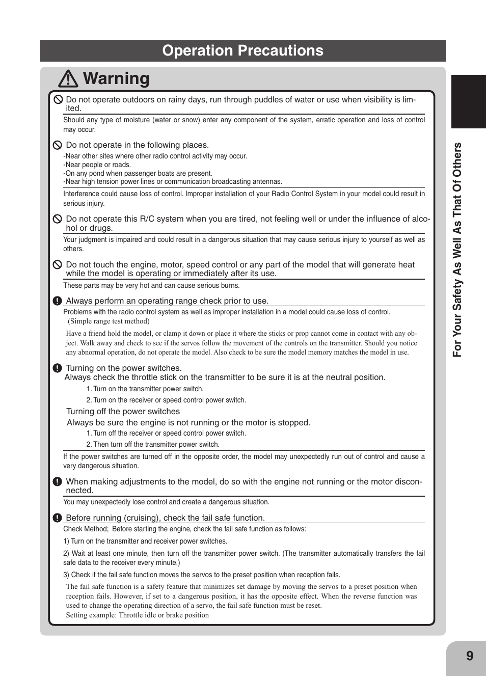 Warning, Operation precautions | Futaba 4GRS User Manual | Page 9 / 128